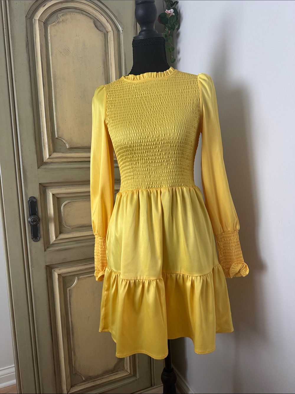 Girls' Bright Yellow Smocked Long Sleeve Tiered Dress